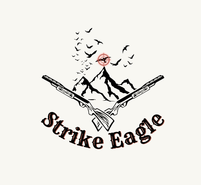 Strike Eagle Logoentwurf mit Bergen und Gewehren