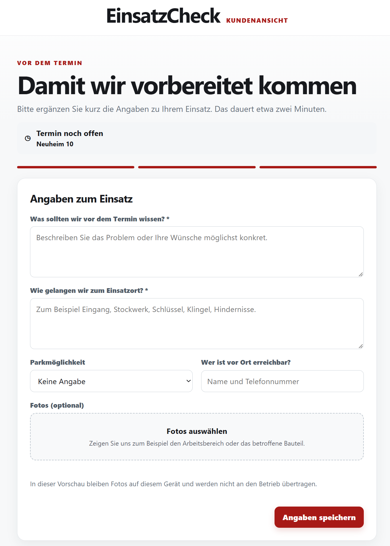 EinsatzCheck Kundenformular zur Vorbereitung eines Einsatzes