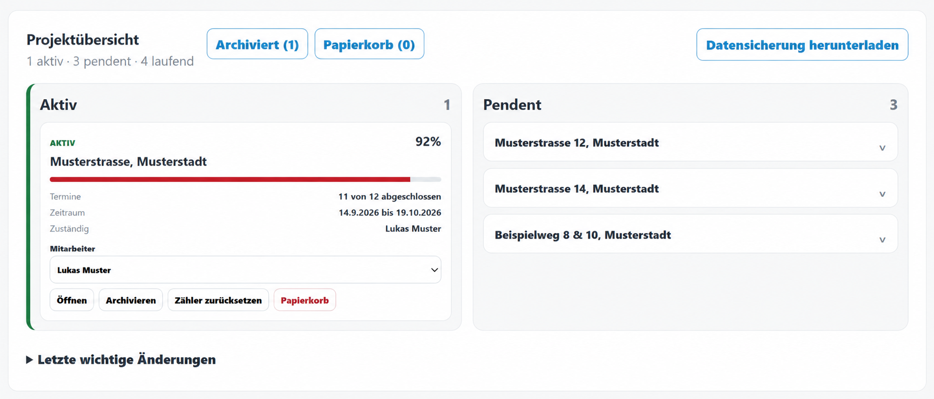 LiveTerminplan: aktive und pendente Objekte mit Fortschritt, Mitarbeiterzuweisung, Archiv und Datensicherung