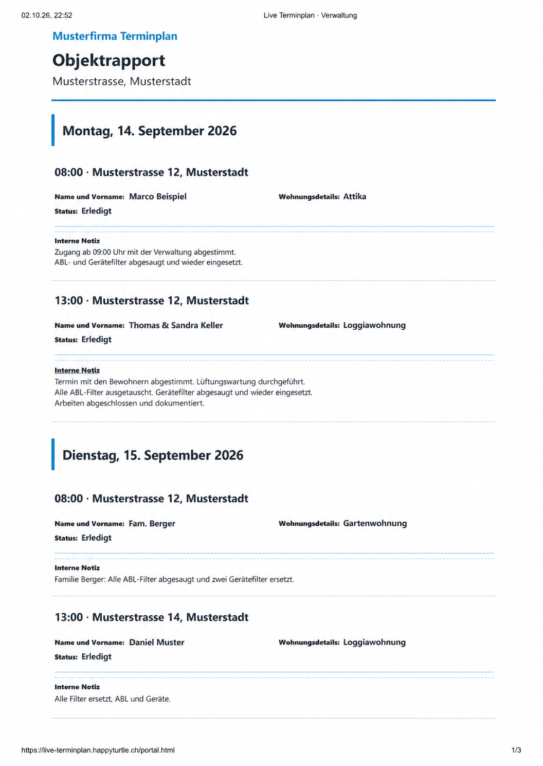 LiveTerminplan: Objektrapport mit Arbeitsstatus, Wohnungsdetails und internen Notizen